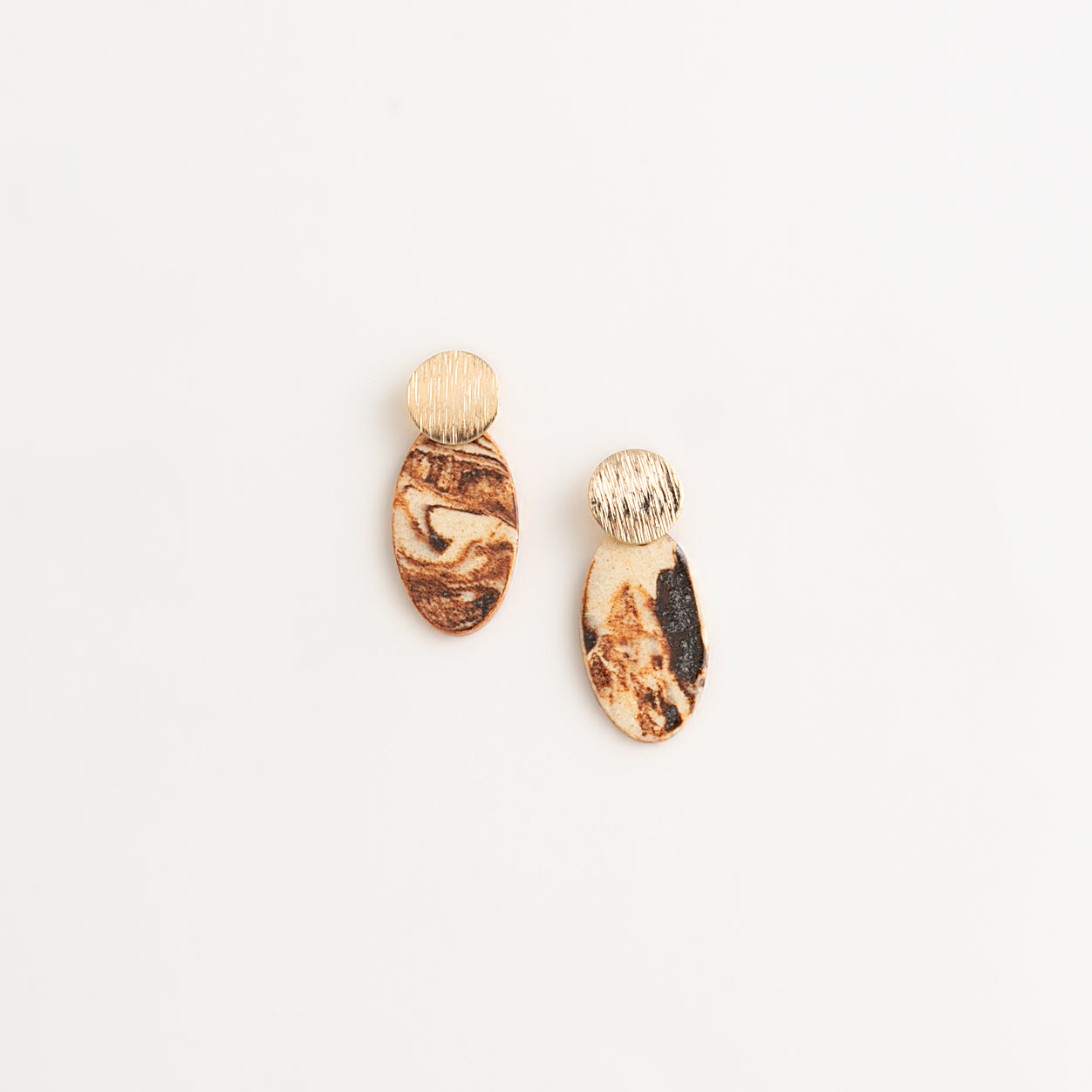 Artisan Nerikomi Ceramic Earrings – Gold Lined Circle Stud, Large Oval Drop