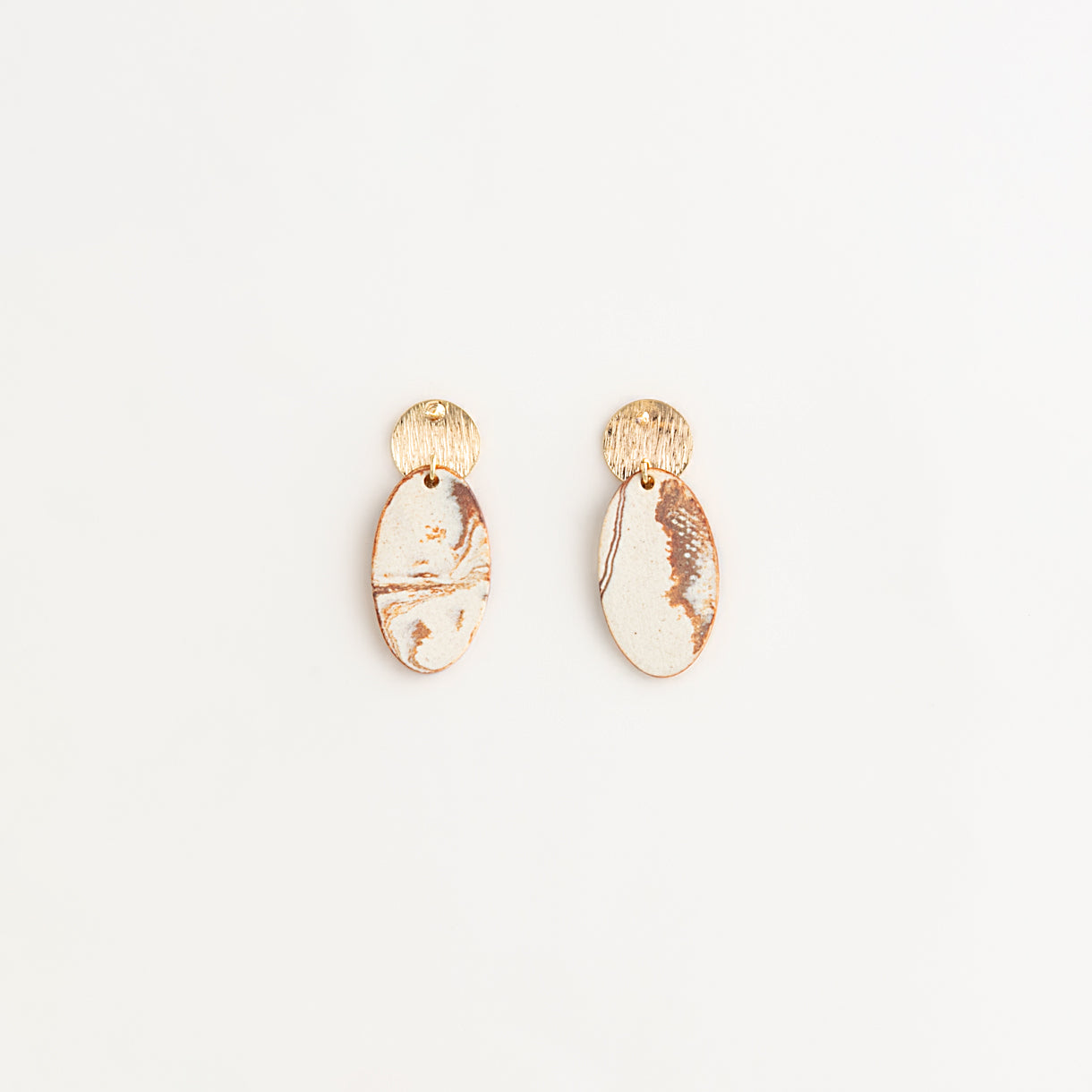 Artisan Nerikomi Ceramic Earrings – Gold Lined Circle Stud, Large Oval Drop