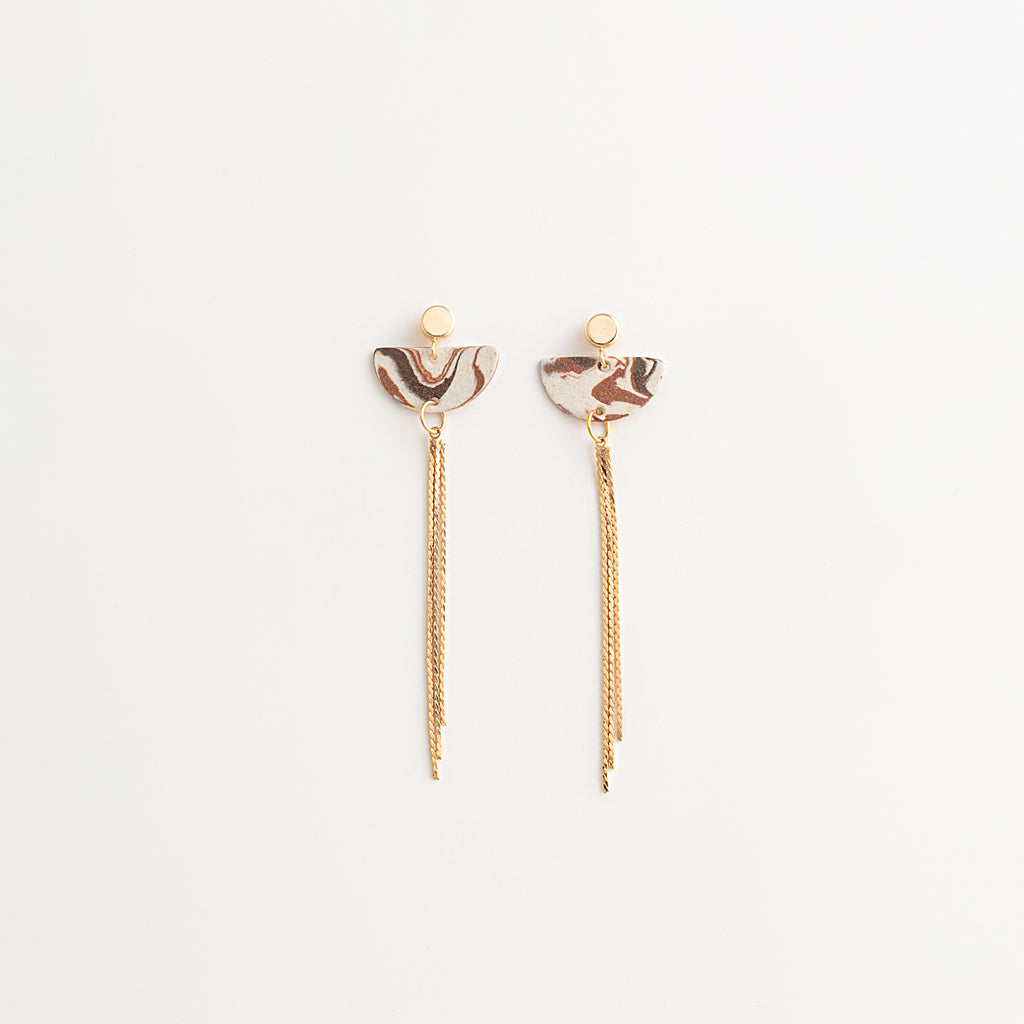 Artisan Nerikomi Ceramic Earrings – Gold Tassel, Half-Moon Drop