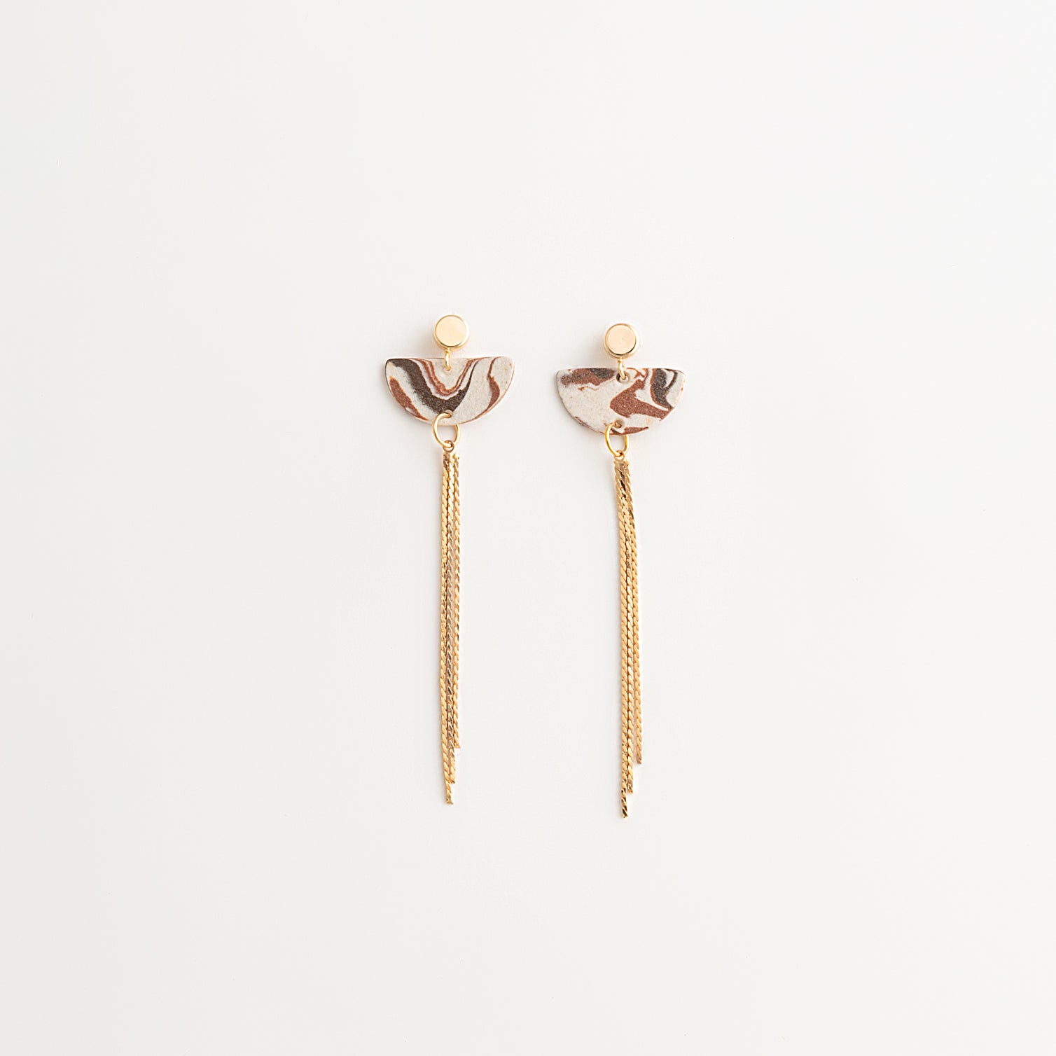Artisan Nerikomi Ceramic Earrings – Gold Tassel, Half-Moon Drop