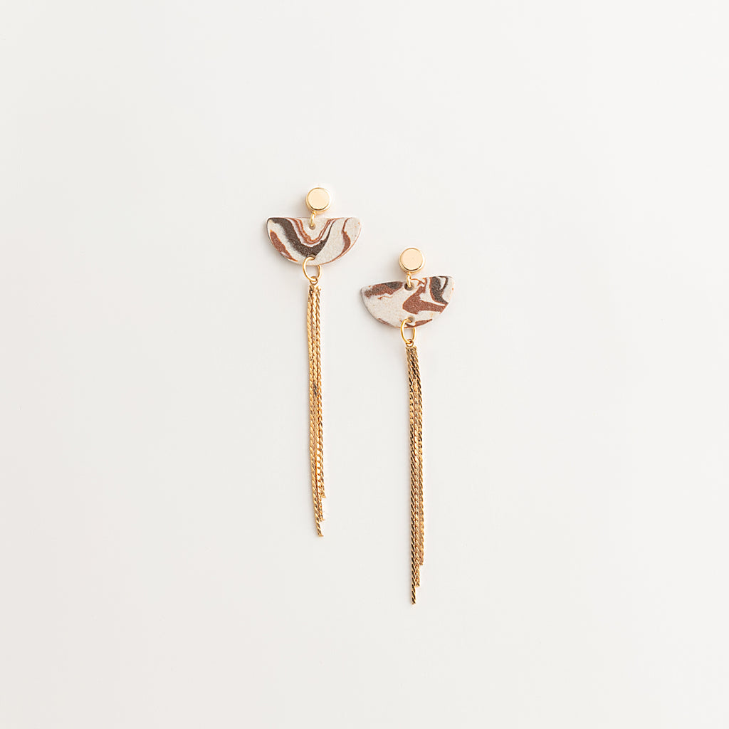 Artisan Nerikomi Ceramic Earrings – Gold Tassel, Half-Moon Drop