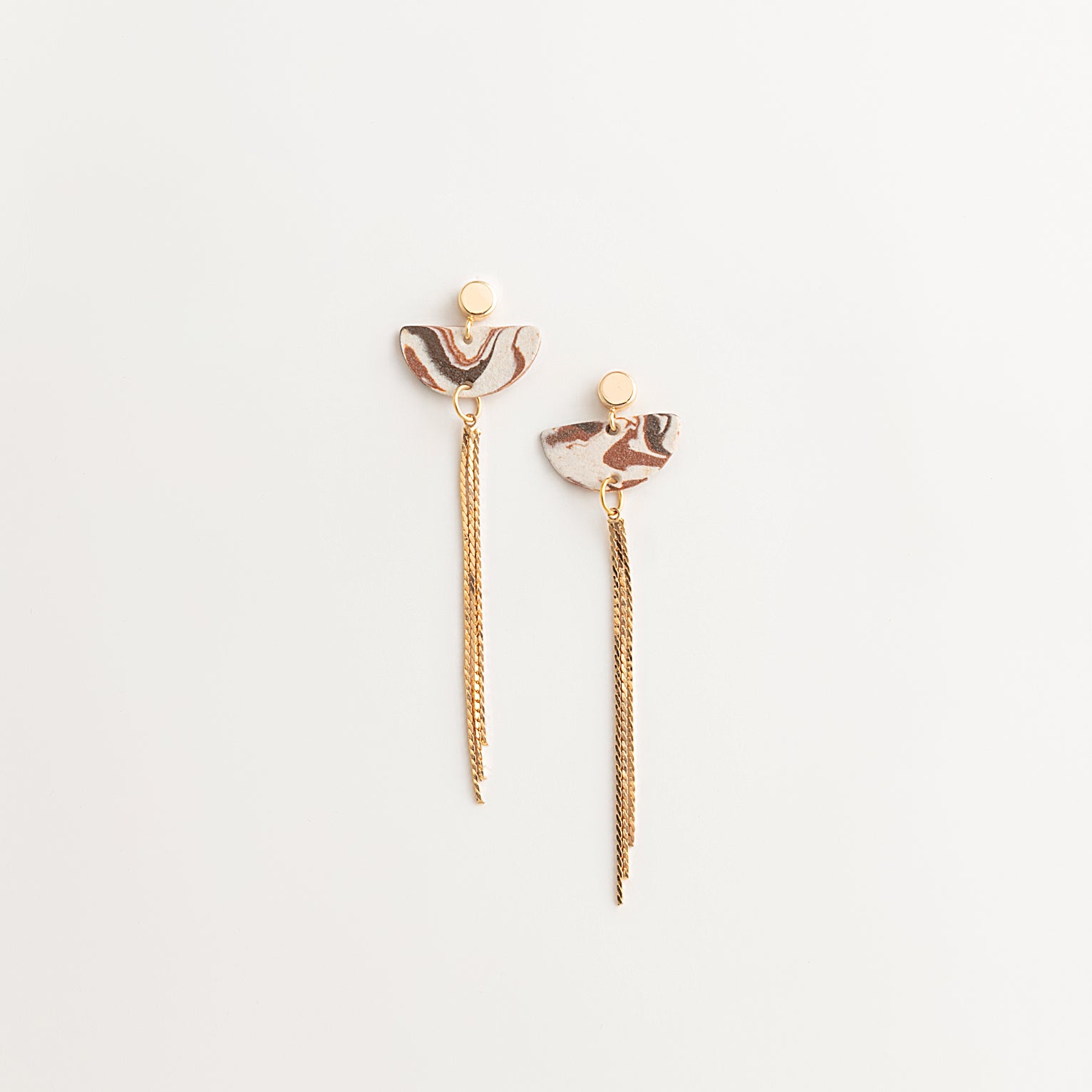 Artisan Nerikomi Ceramic Earrings – Gold Tassel, Half-Moon Drop