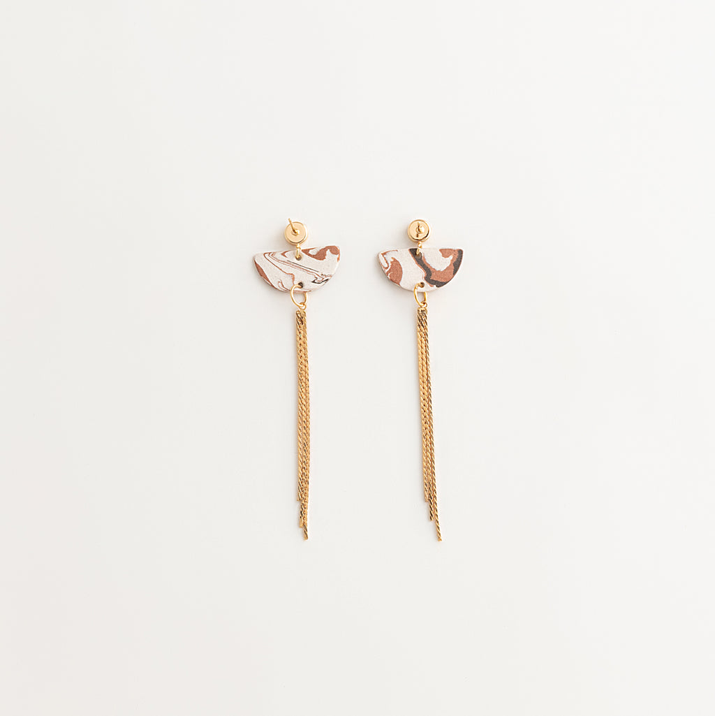 Artisan Nerikomi Ceramic Earrings – Gold Tassel, Half-Moon Drop