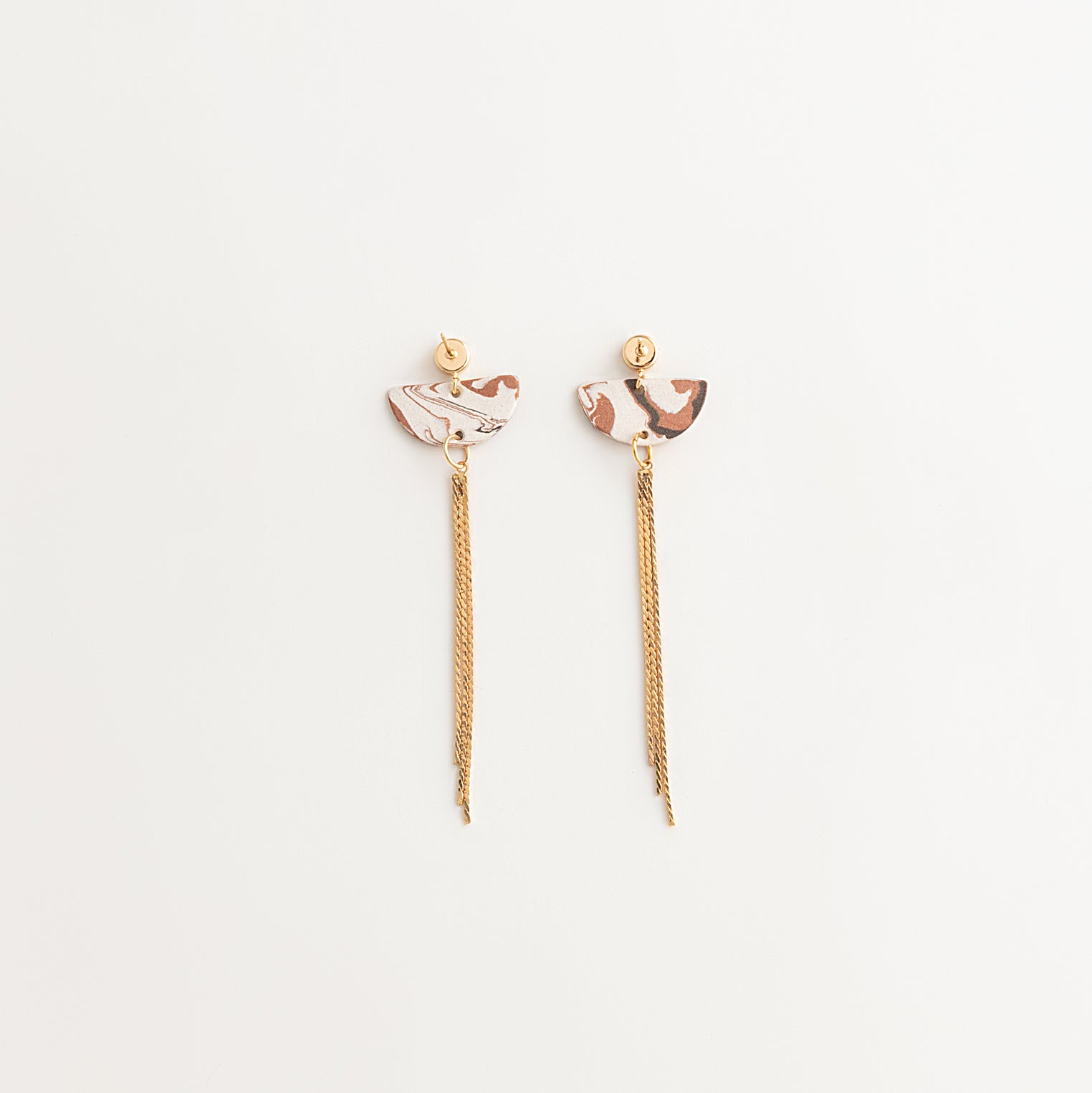 Artisan Nerikomi Ceramic Earrings – Gold Tassel, Half-Moon Drop