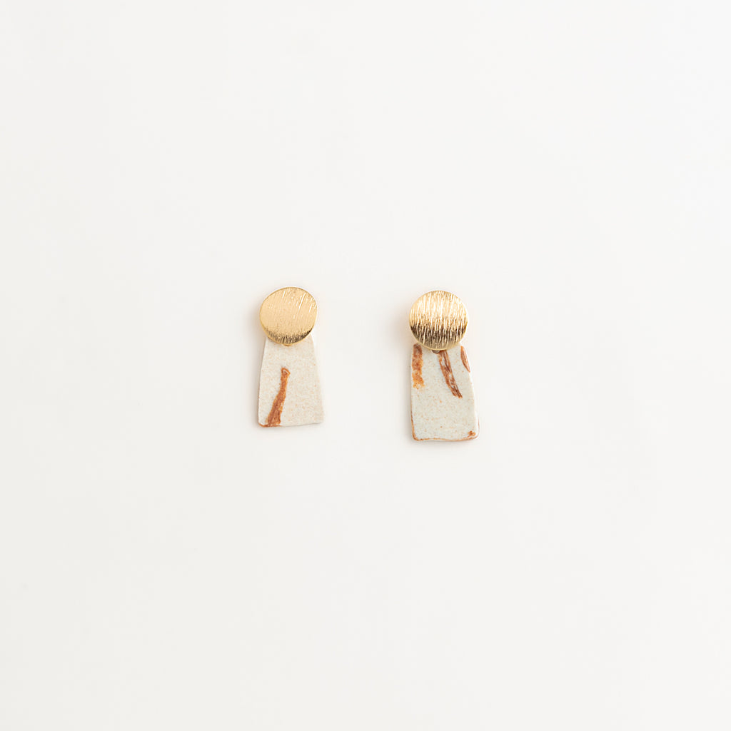 Artisan Nerikomi Ceramic Earrings – Gold Lined Circle Stud, White Trapezoid Drop