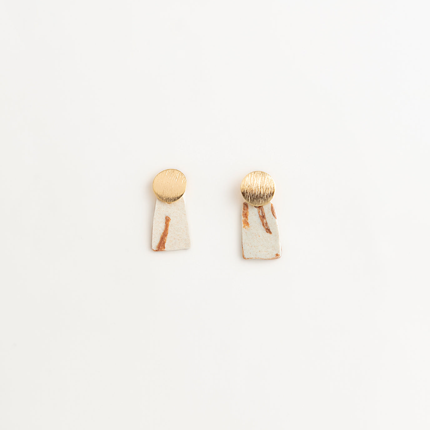 Artisan Nerikomi Ceramic Earrings – Gold Lined Circle Stud, White Trapezoid Drop