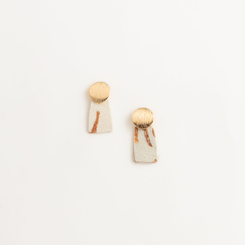 Artisan Nerikomi Ceramic Earrings – Gold Lined Circle Stud, White Trapezoid Drop