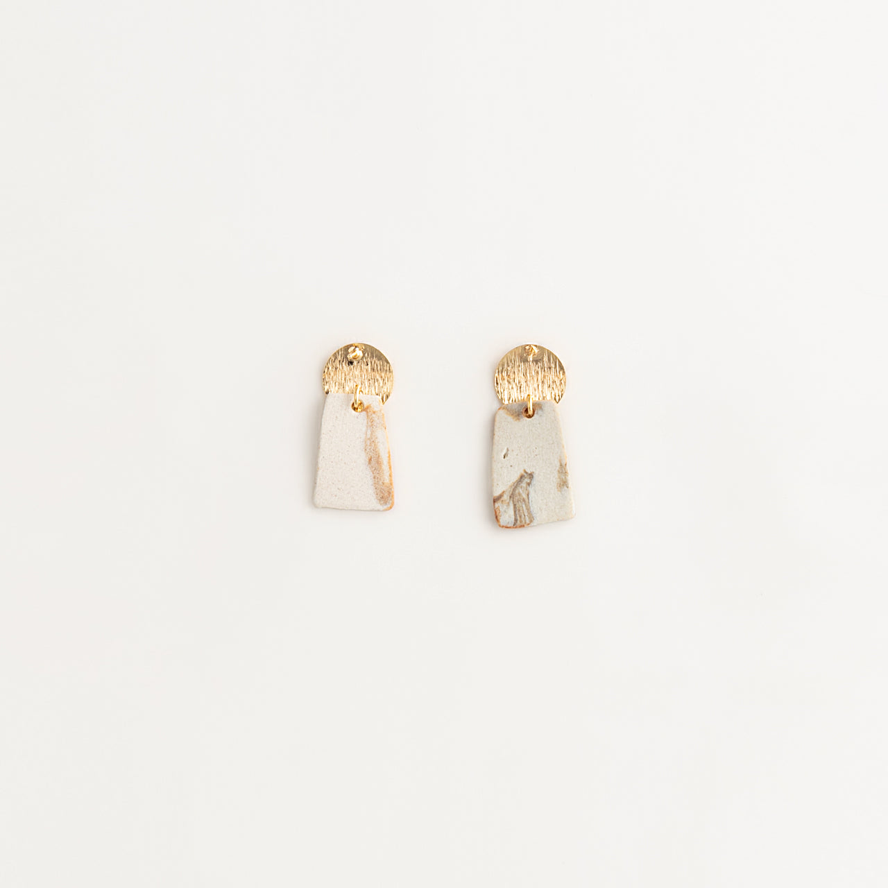 Artisan Nerikomi Ceramic Earrings – Gold Lined Circle Stud, White Trapezoid Drop