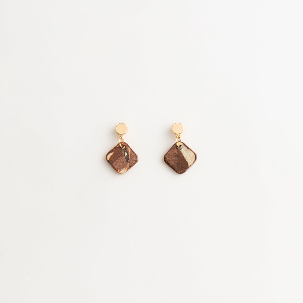Artisan Nerikomi Ceramic Earrings – Gold Circle Stud, Brown Diamond Drop