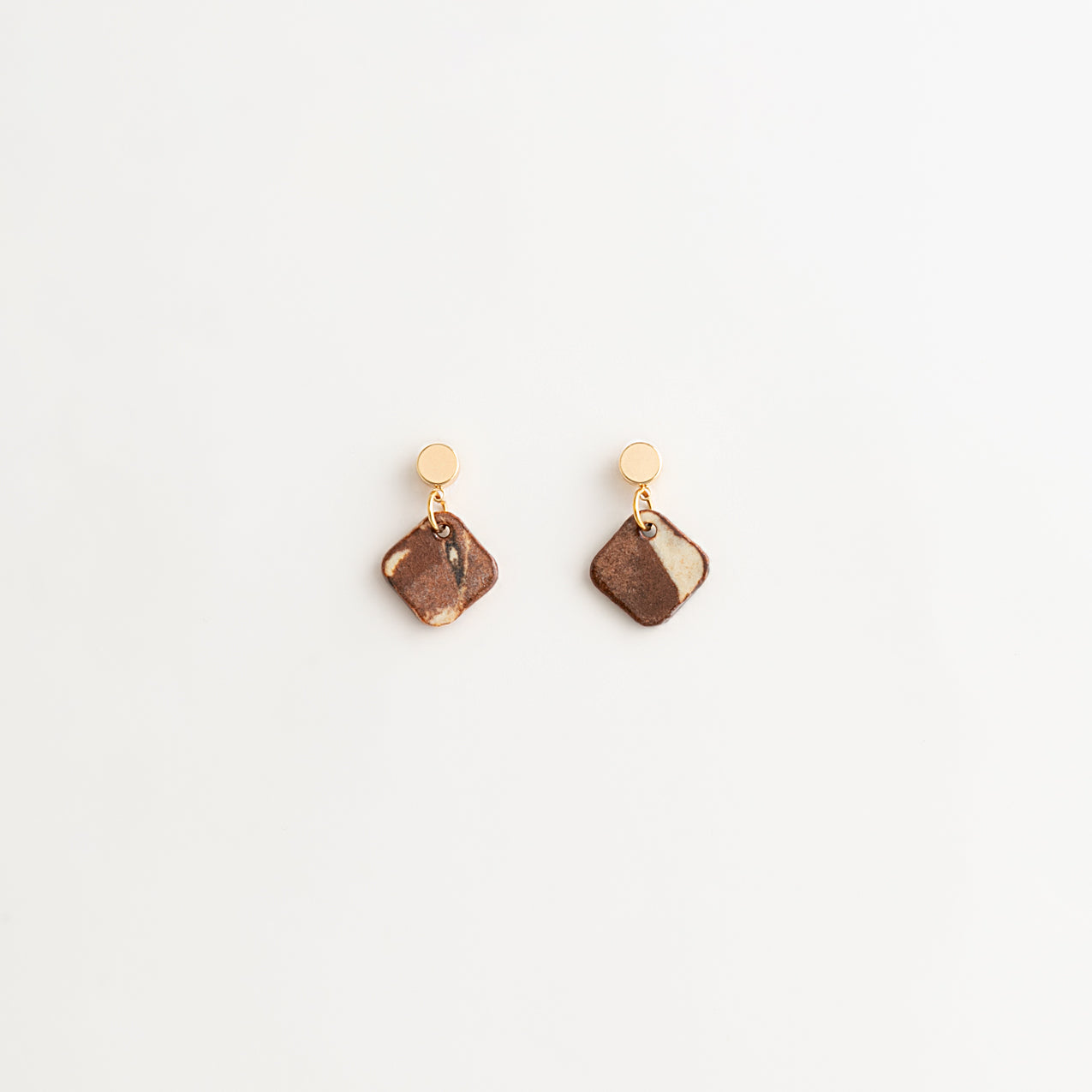 Artisan Nerikomi Ceramic Earrings – Gold Circle Stud, Brown Diamond Drop