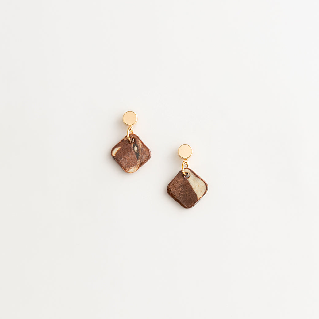 Artisan Nerikomi Ceramic Earrings – Gold Circle Stud, Brown Diamond Drop