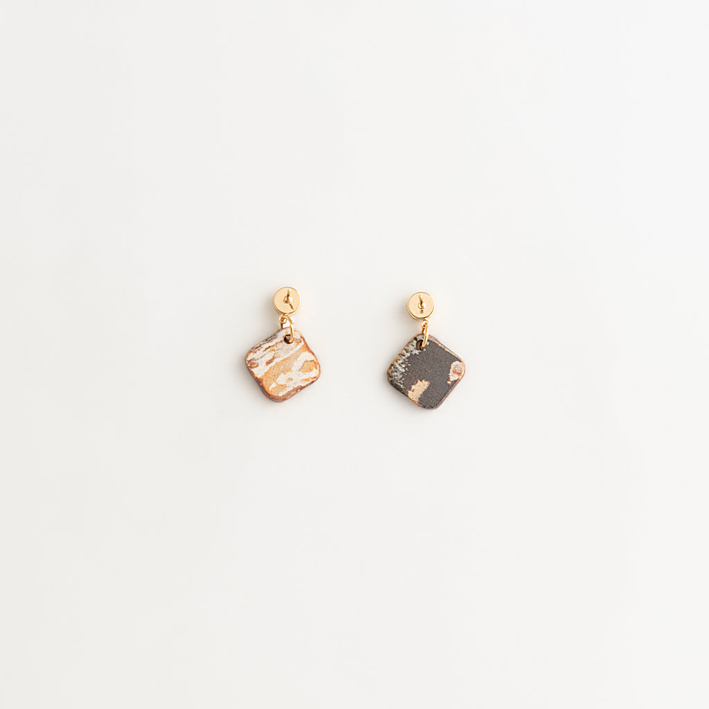 Artisan Nerikomi Ceramic Earrings – Gold Circle Stud, Brown Diamond Drop