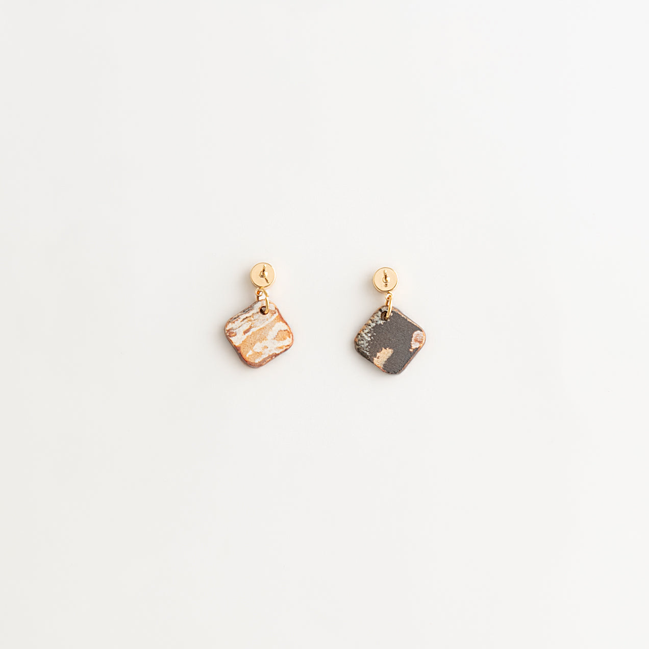 Artisan Nerikomi Ceramic Earrings – Gold Circle Stud, Brown Diamond Drop