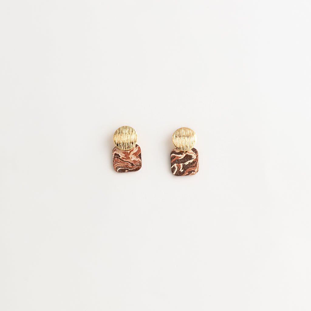 Artisan Nerikomi Ceramic Earrings – Gold Lined Circle Stud, Rose Square Drop