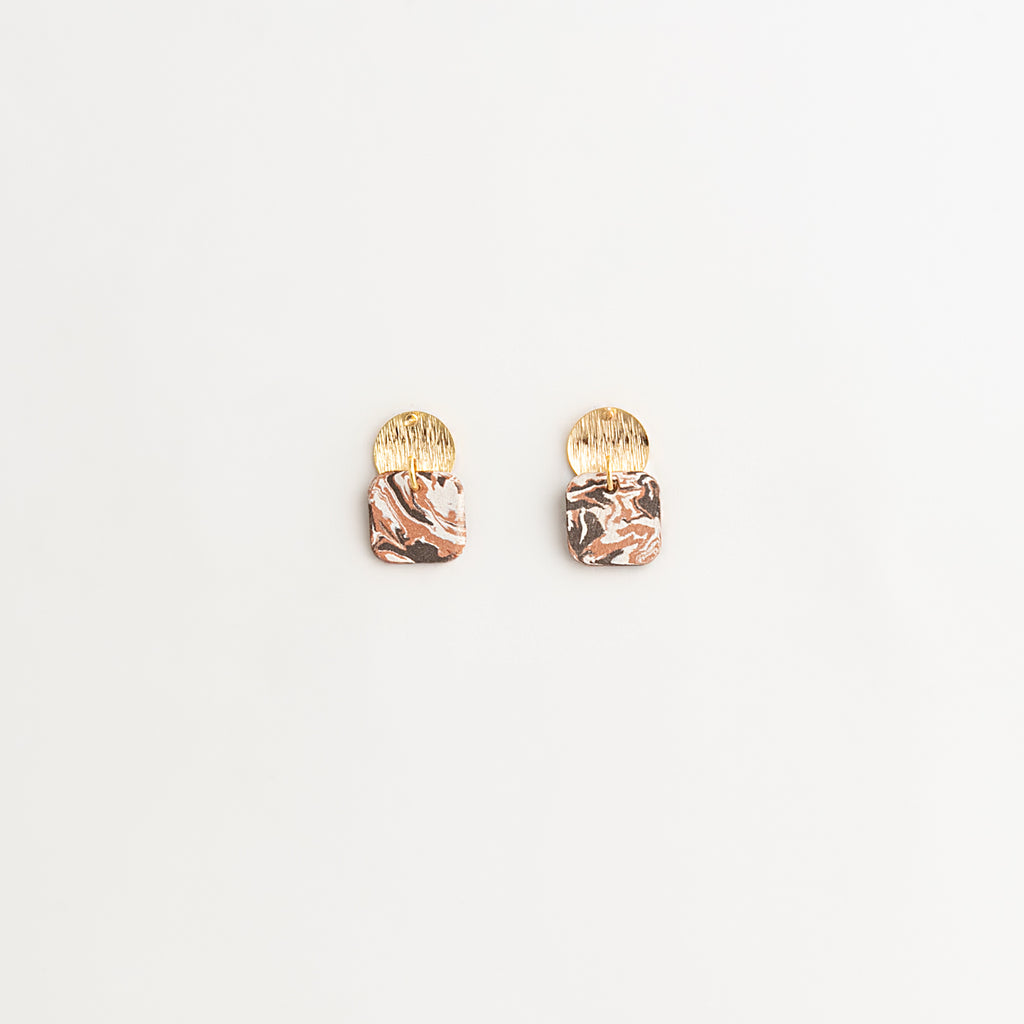 Artisan Nerikomi Ceramic Earrings – Gold Lined Circle Stud, Rose Square Drop