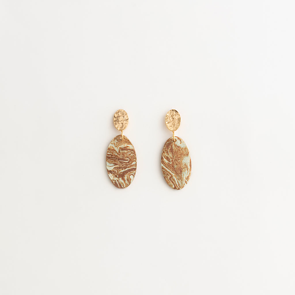 Artisan Nerikomi Ceramic Earrings – Gold Hammered Oval Stud, Large Oval Drop