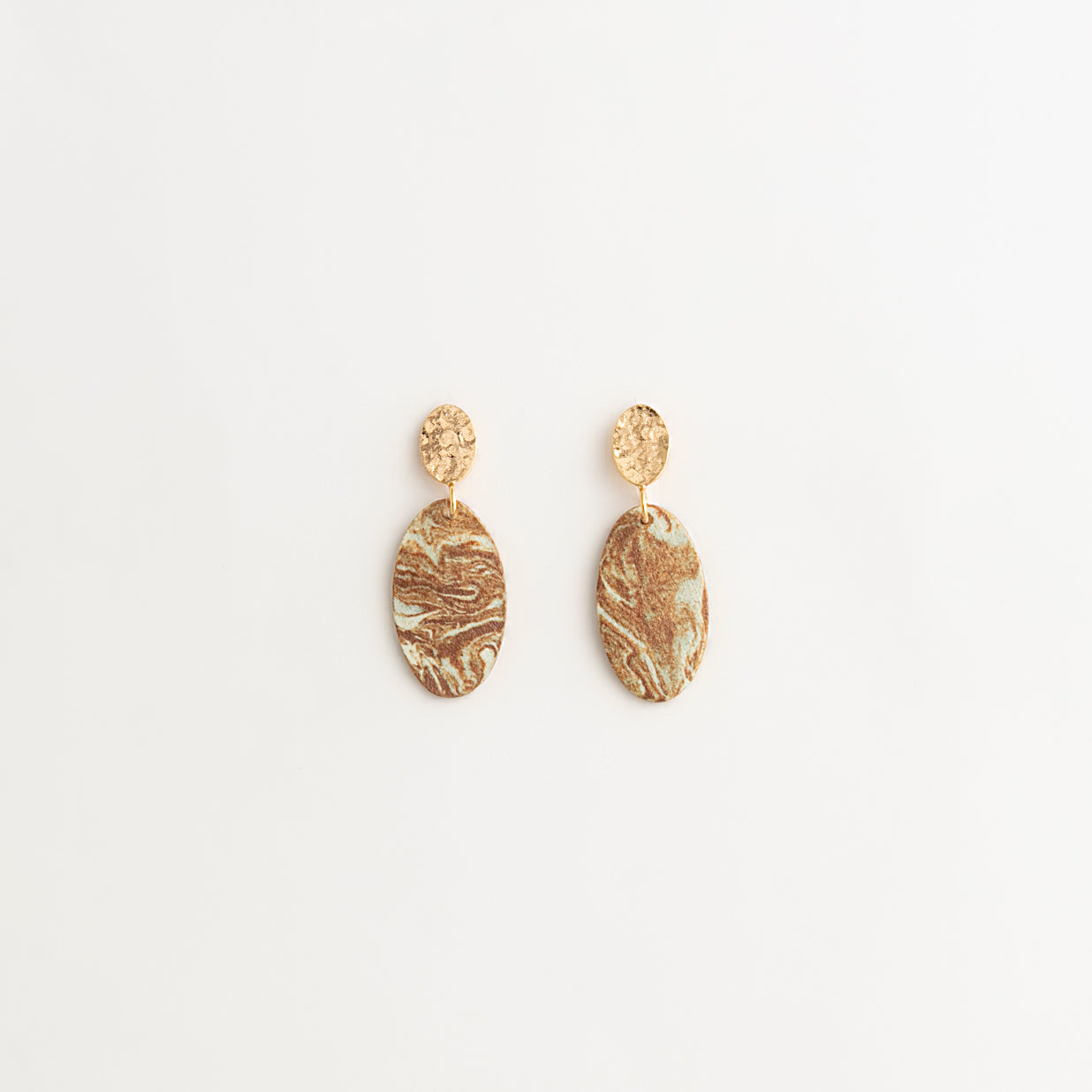 Artisan Nerikomi Ceramic Earrings – Gold Hammered Oval Stud, Large Oval Drop