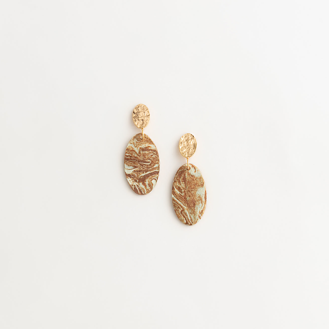 Artisan Nerikomi Ceramic Earrings – Gold Hammered Oval Stud, Large Oval Drop