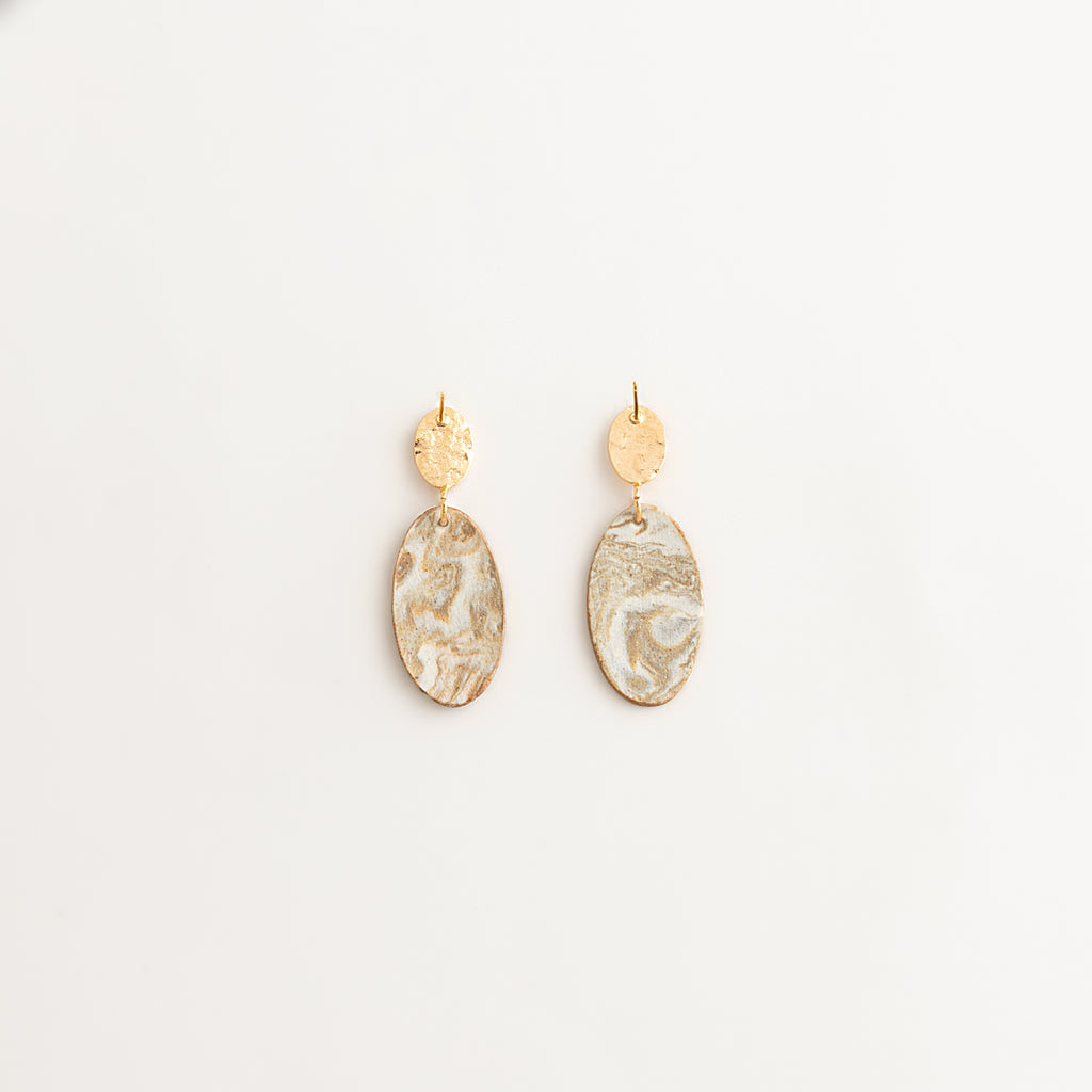 Artisan Nerikomi Ceramic Earrings – Gold Hammered Oval Stud, Large Oval Drop