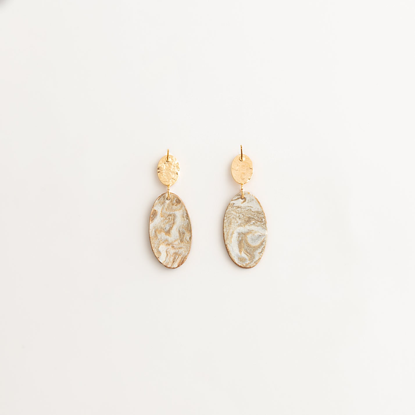 Artisan Nerikomi Ceramic Earrings – Gold Hammered Oval Stud, Large Oval Drop