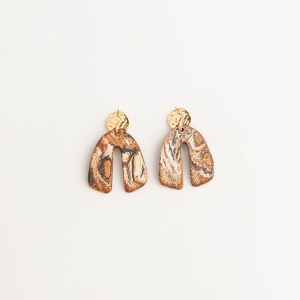 Artisan Nerikomi Ceramic Earrings – Gold Lined Circle Stud, Arch Drop