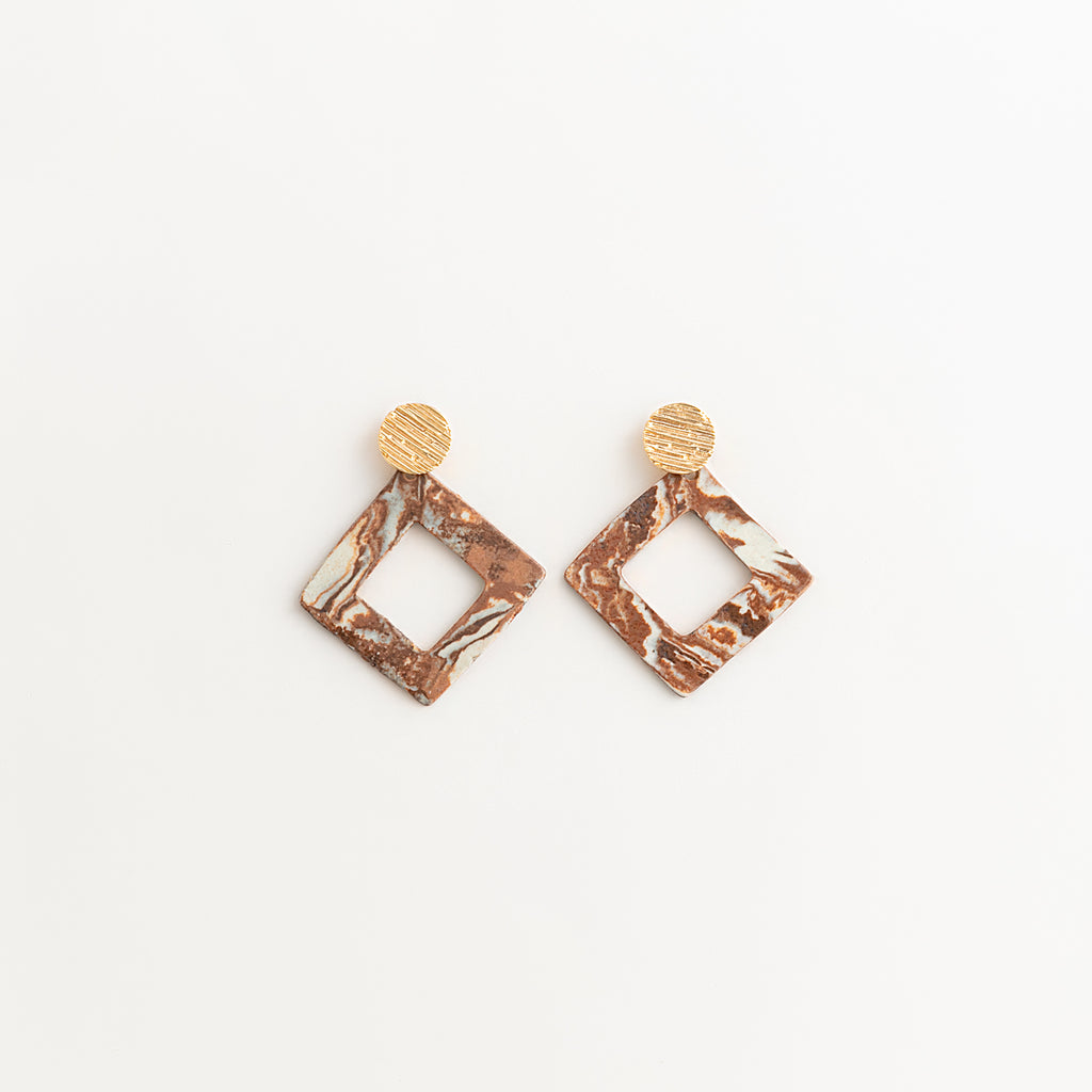 Artisan Nerikomi Ceramic Earrings – Gold Lined Circle Stud, Open Diamond Drop