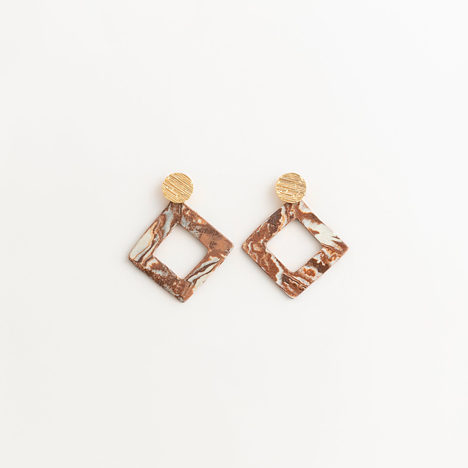 Artisan Nerikomi Ceramic Earrings – Gold Lined Circle Stud, Open Diamond Drop