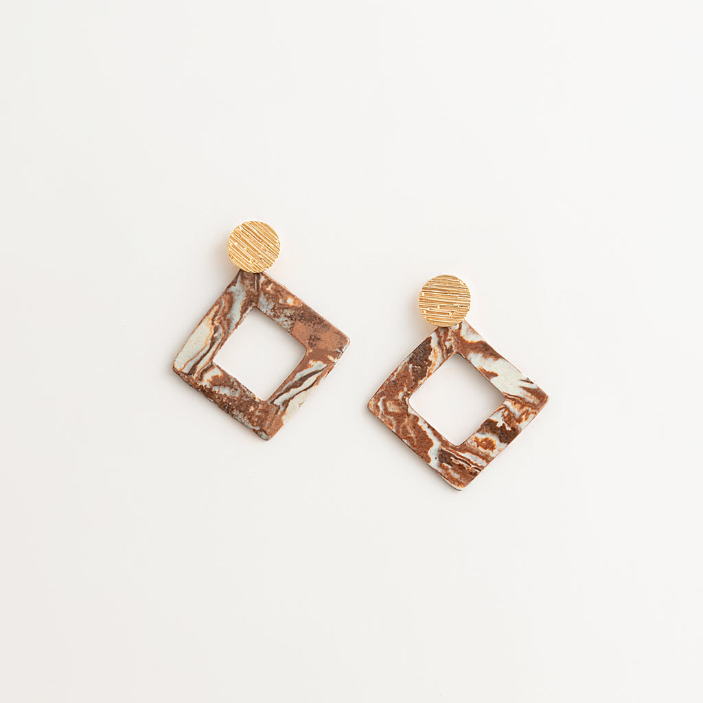 Artisan Nerikomi Ceramic Earrings – Gold Lined Circle Stud, Open Diamond Drop