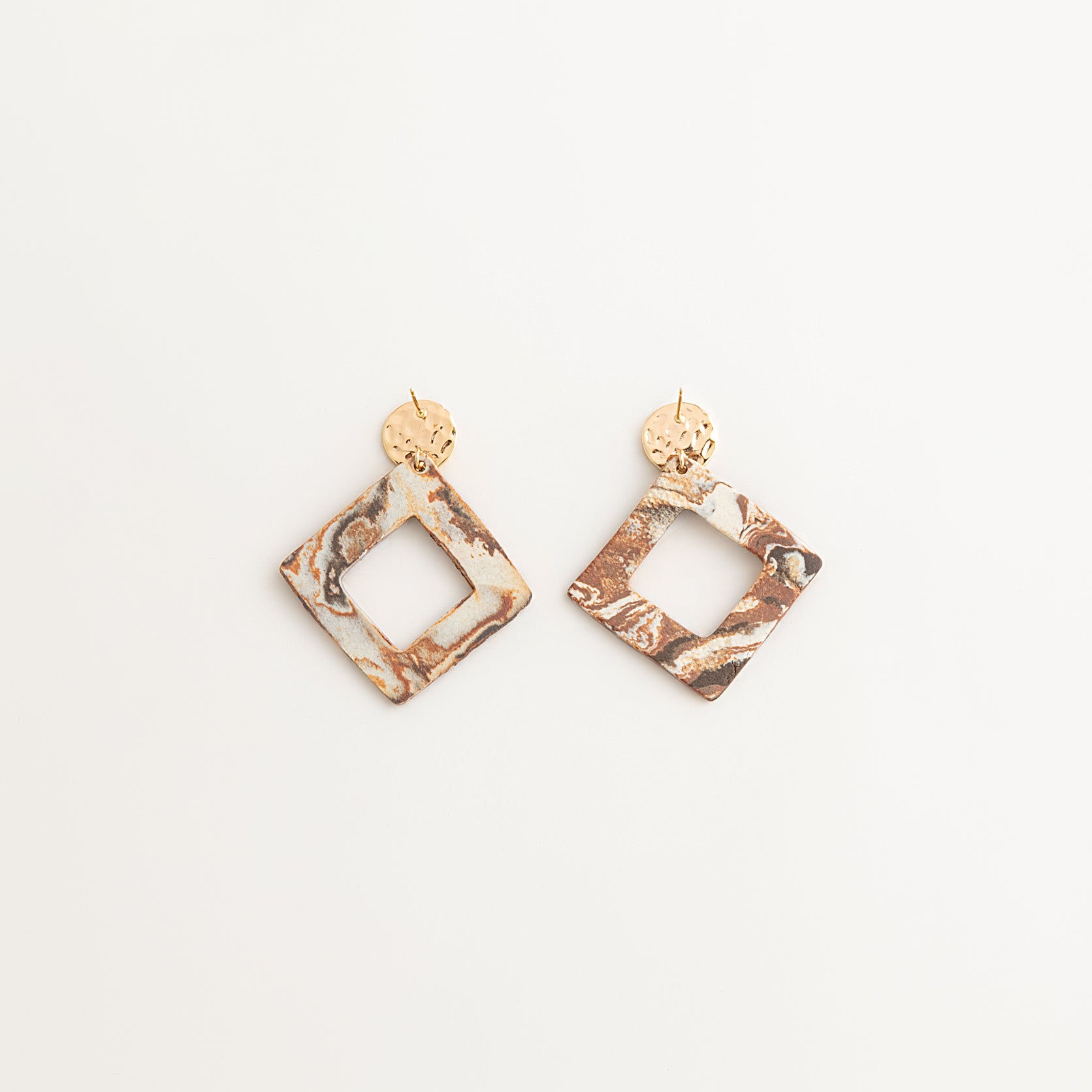 Artisan Nerikomi Ceramic Earrings – Gold Lined Circle Stud, Open Diamond Drop