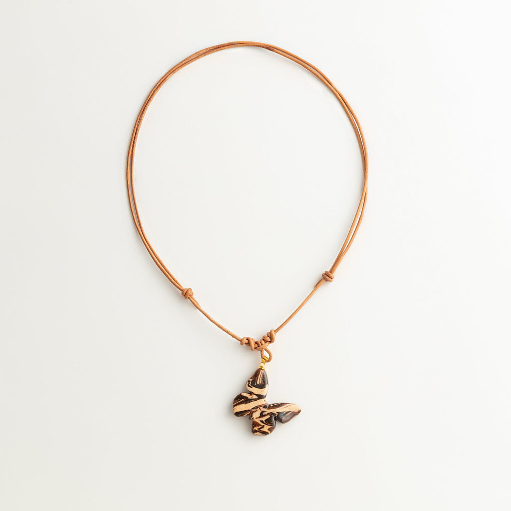 Artisan Nerikomi Ceramic Butterfly Necklace – Adjustable Leather Cord