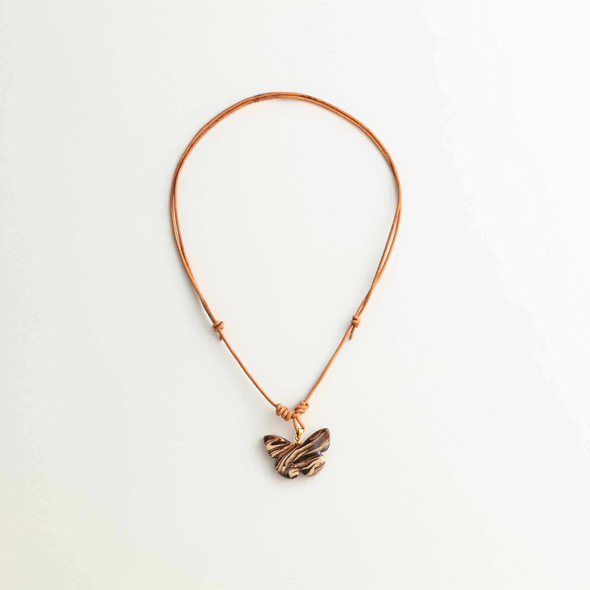 Artisan Nerikomi Ceramic Butterfly Necklace – Fine Wood Grain, Adjustable Leather Cord