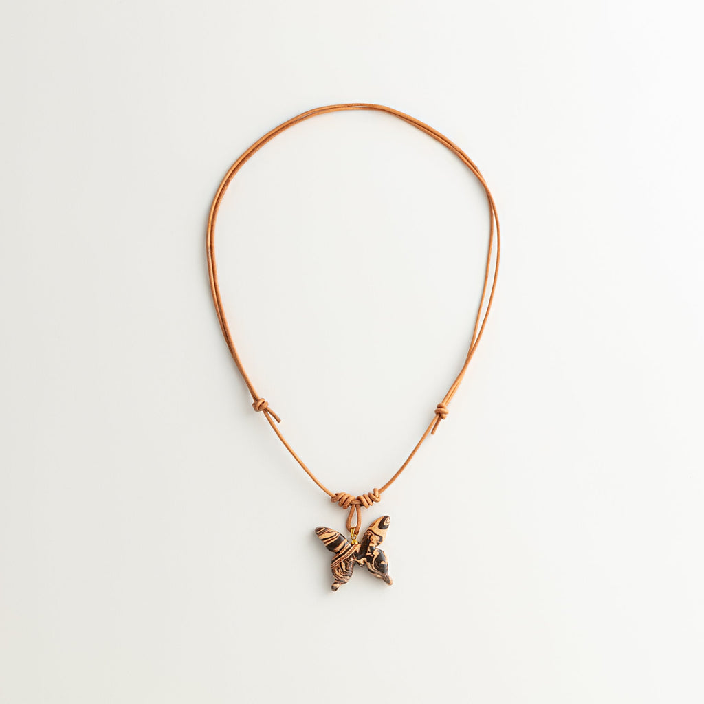 Artisan Nerikomi Ceramic Butterfly Necklace – Tiger Stripe, Adjustable Leather Cord