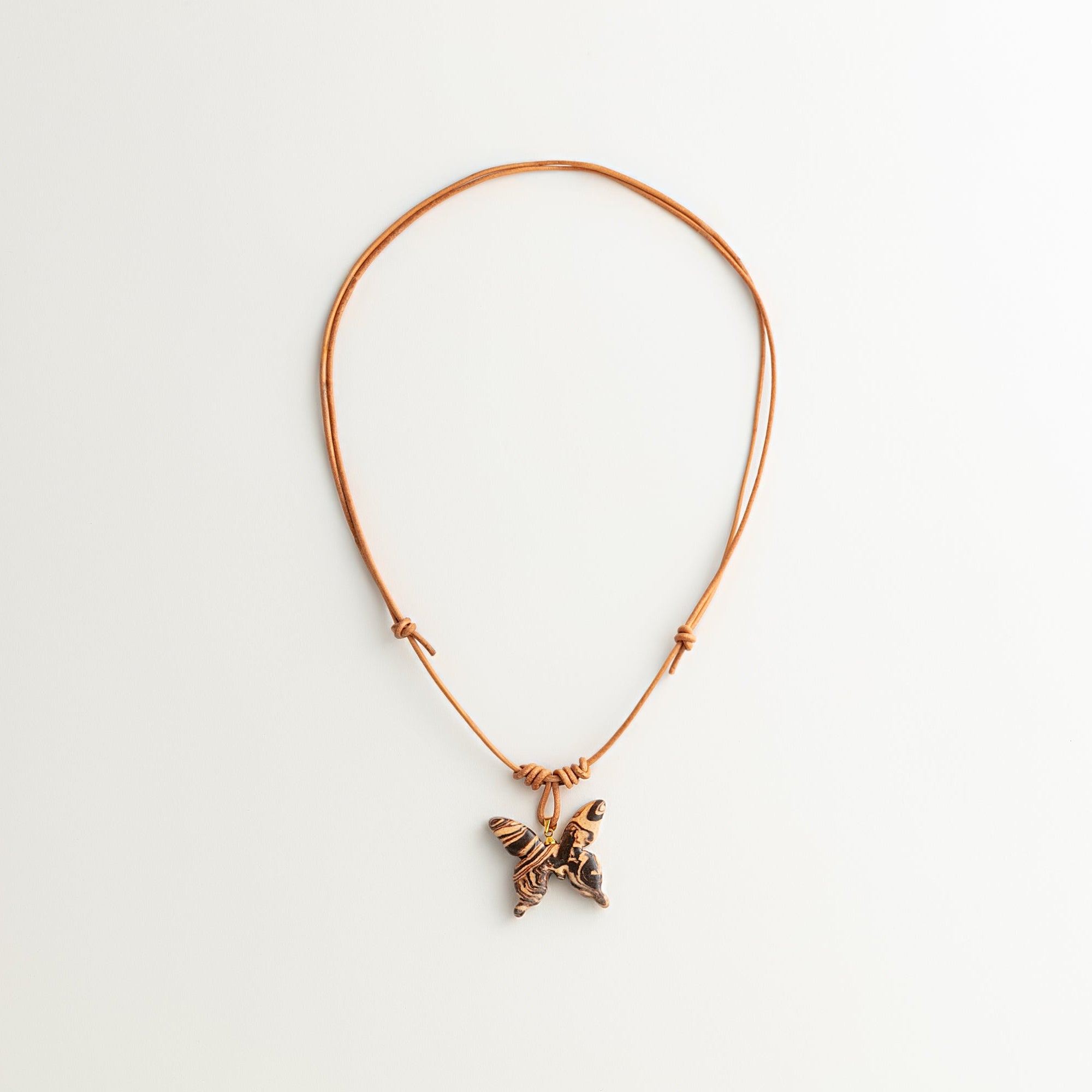 Artisan Nerikomi Ceramic Butterfly Necklace – Tiger Stripe, Adjustable Leather Cord