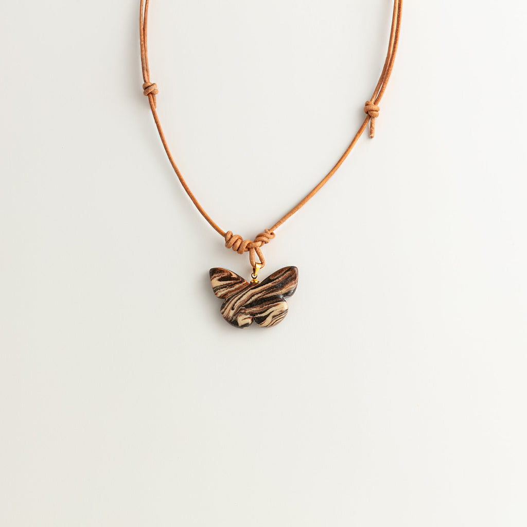 Artisan Nerikomi Ceramic Butterfly Necklace – Fine Wood Grain, Adjustable Leather Cord