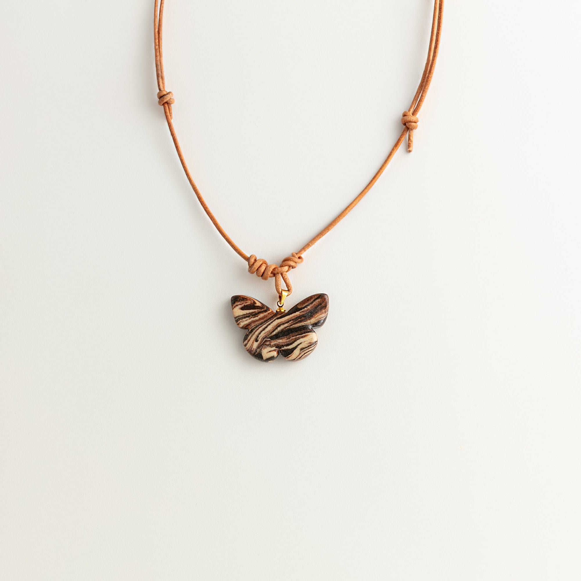 Artisan Nerikomi Ceramic Butterfly Necklace – Fine Wood Grain, Adjustable Leather Cord