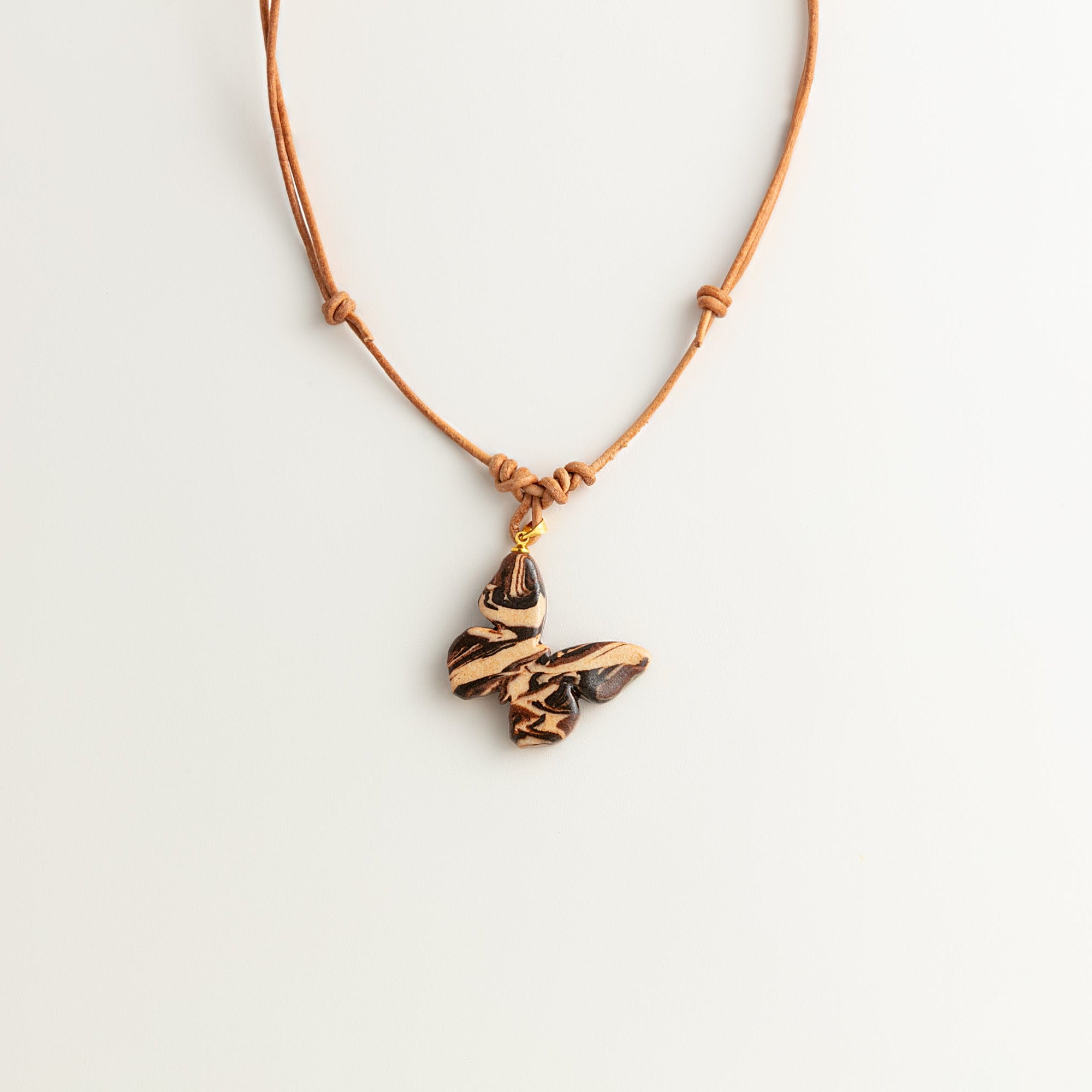 Artisan Nerikomi Ceramic Butterfly Necklace – Adjustable Leather Cord