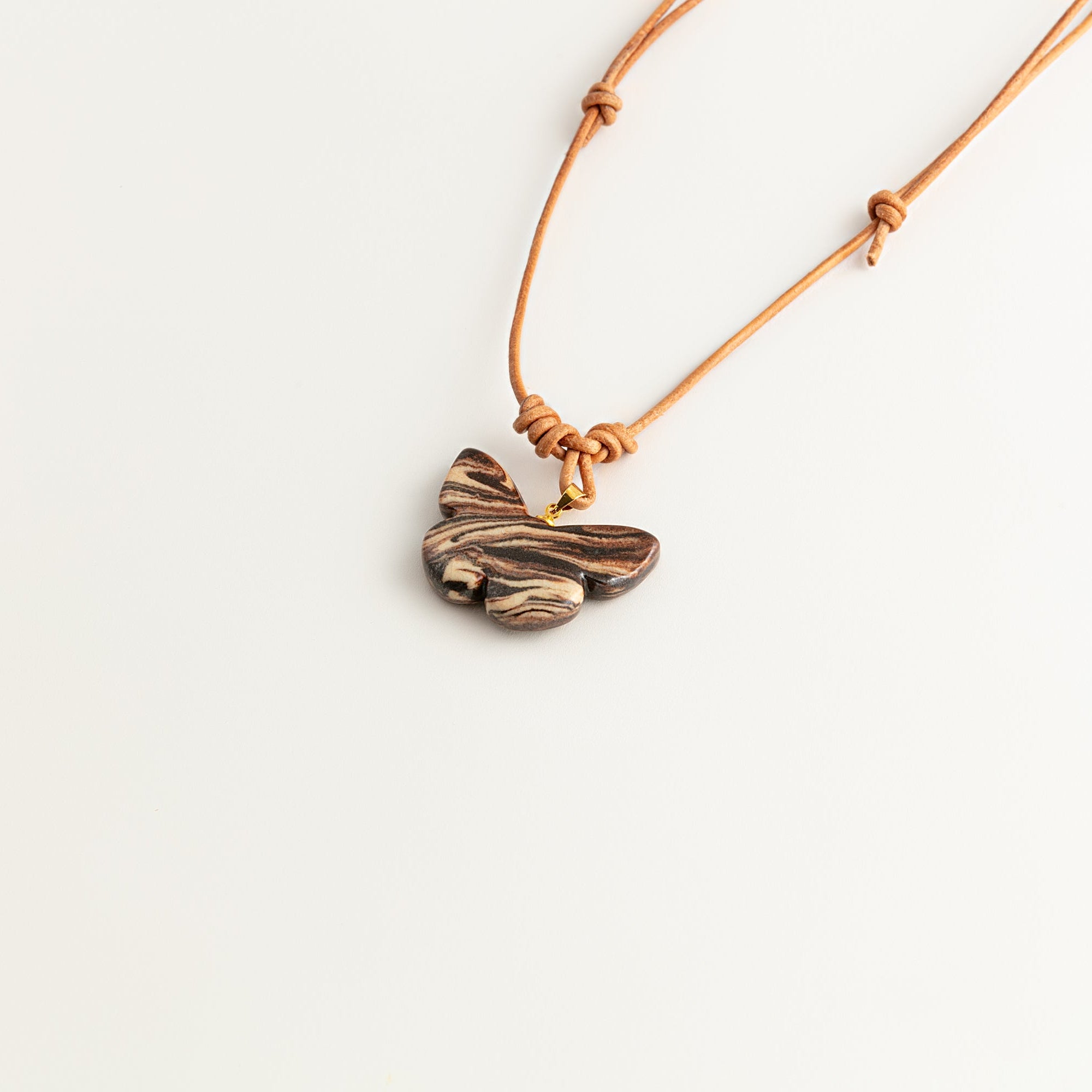 Artisan Nerikomi Ceramic Butterfly Necklace – Fine Wood Grain, Adjustable Leather Cord