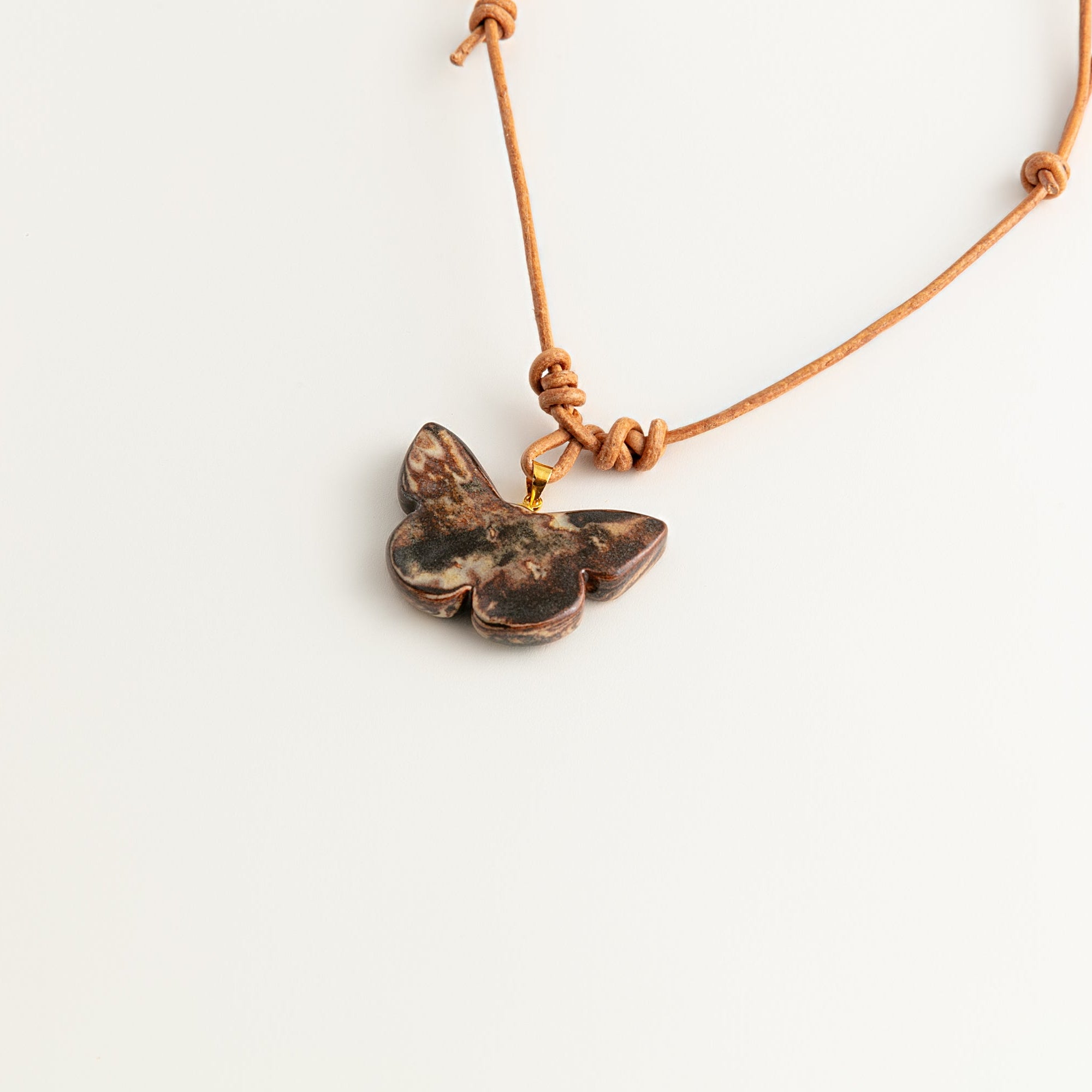 Artisan Nerikomi Ceramic Butterfly Necklace – Fine Wood Grain, Adjustable Leather Cord