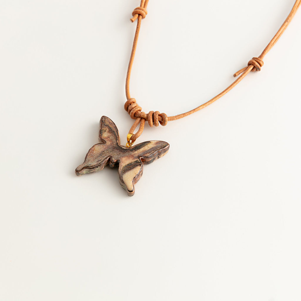 Artisan Nerikomi Ceramic Butterfly Necklace ¨C Fine Wood Grain, Adjustable Leather Cord ¨C handcrafted Nerikomi porcelain jewelry, image 1