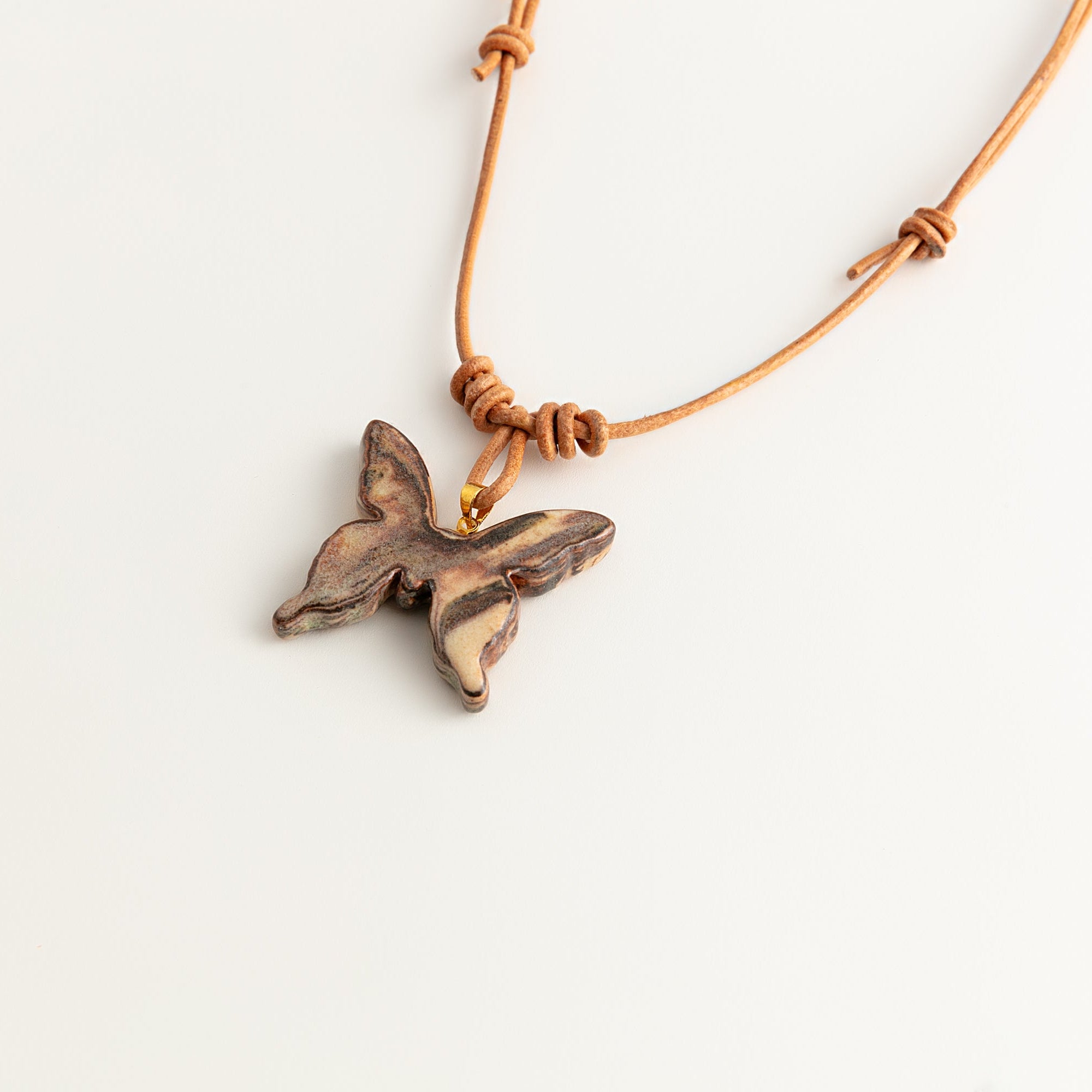 Artisan Nerikomi Ceramic Butterfly Necklace ¨C Fine Wood Grain, Adjustable Leather Cord ¨C handcrafted Nerikomi porcelain jewelry, image 1