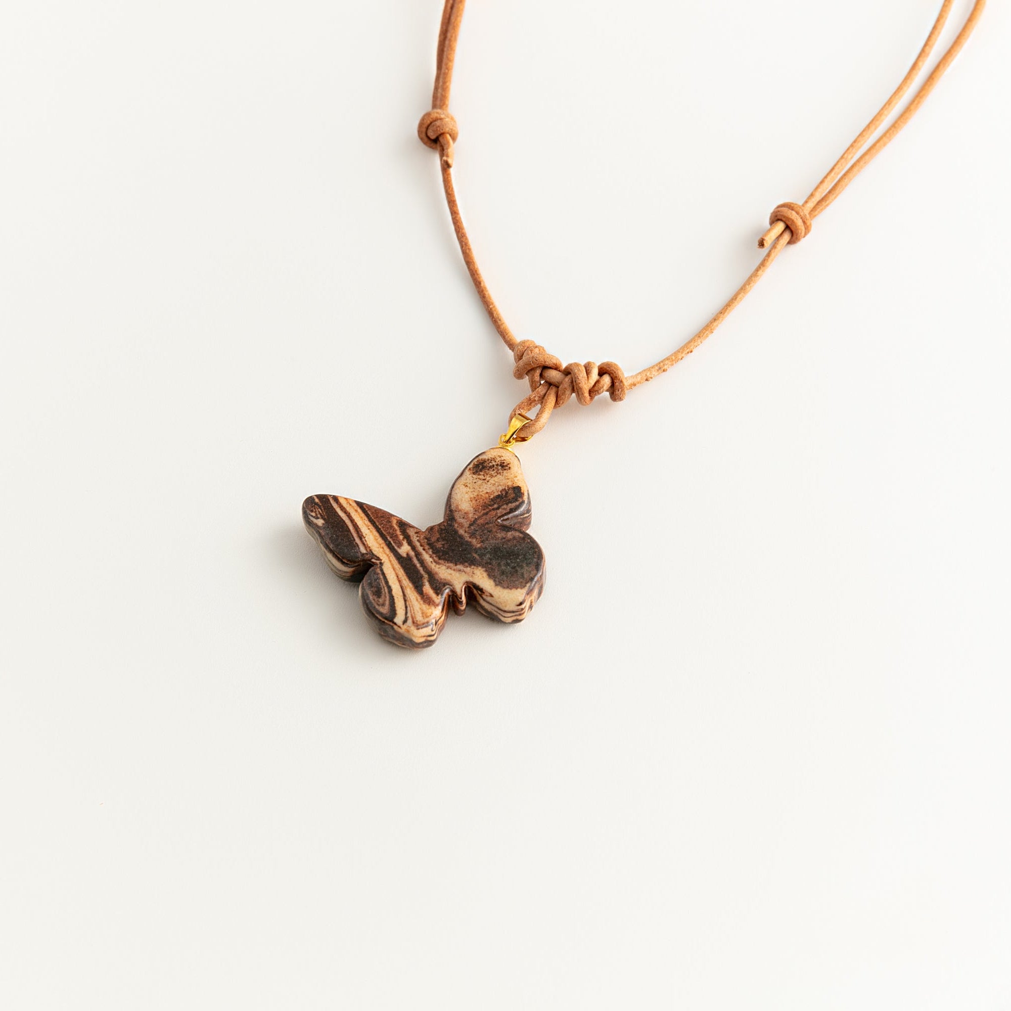 Artisan Nerikomi Ceramic Butterfly Necklace – Adjustable Leather Cord