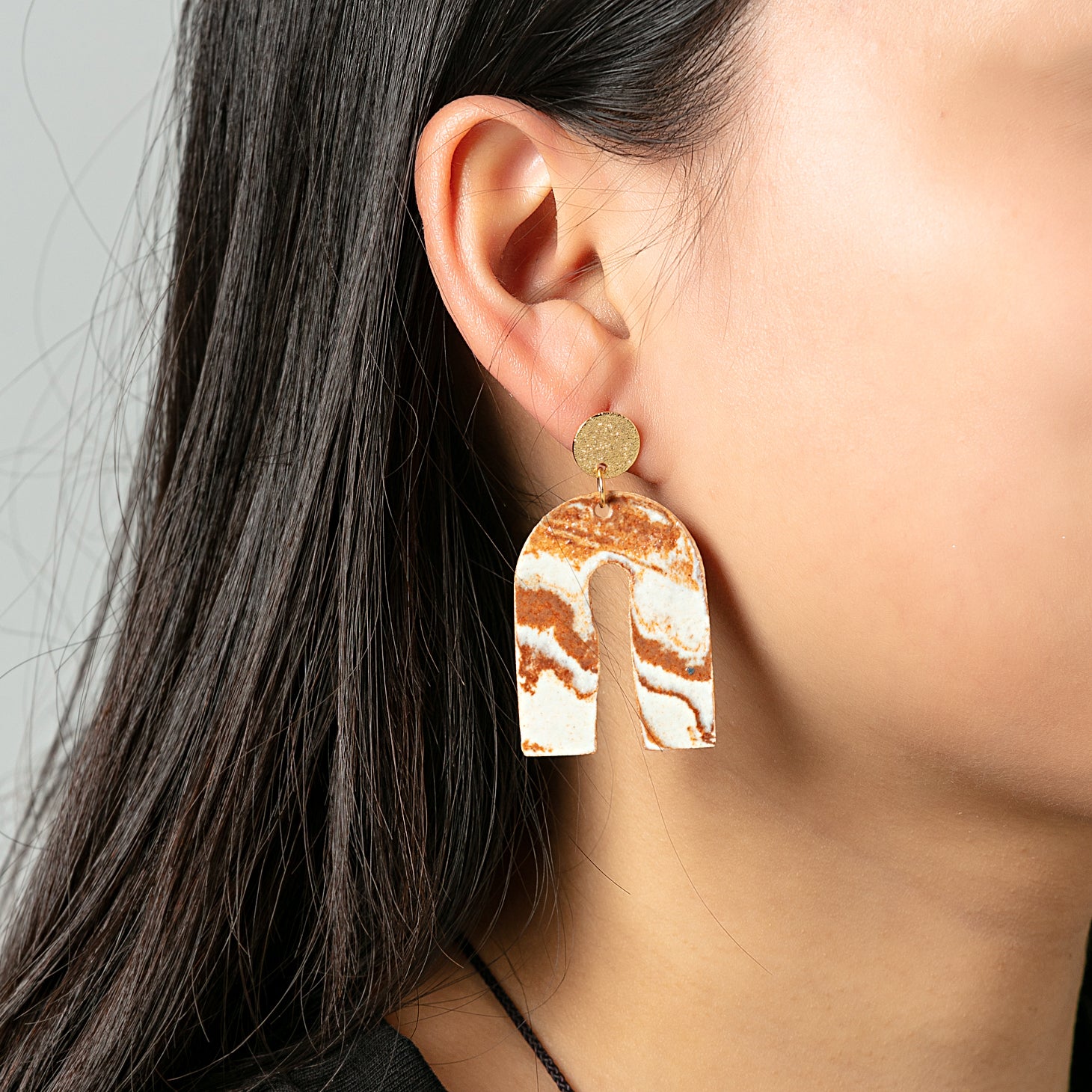 Artisan Nerikomi Ceramic Earrings – Gold Matte Circle Stud, Open Arch Drop