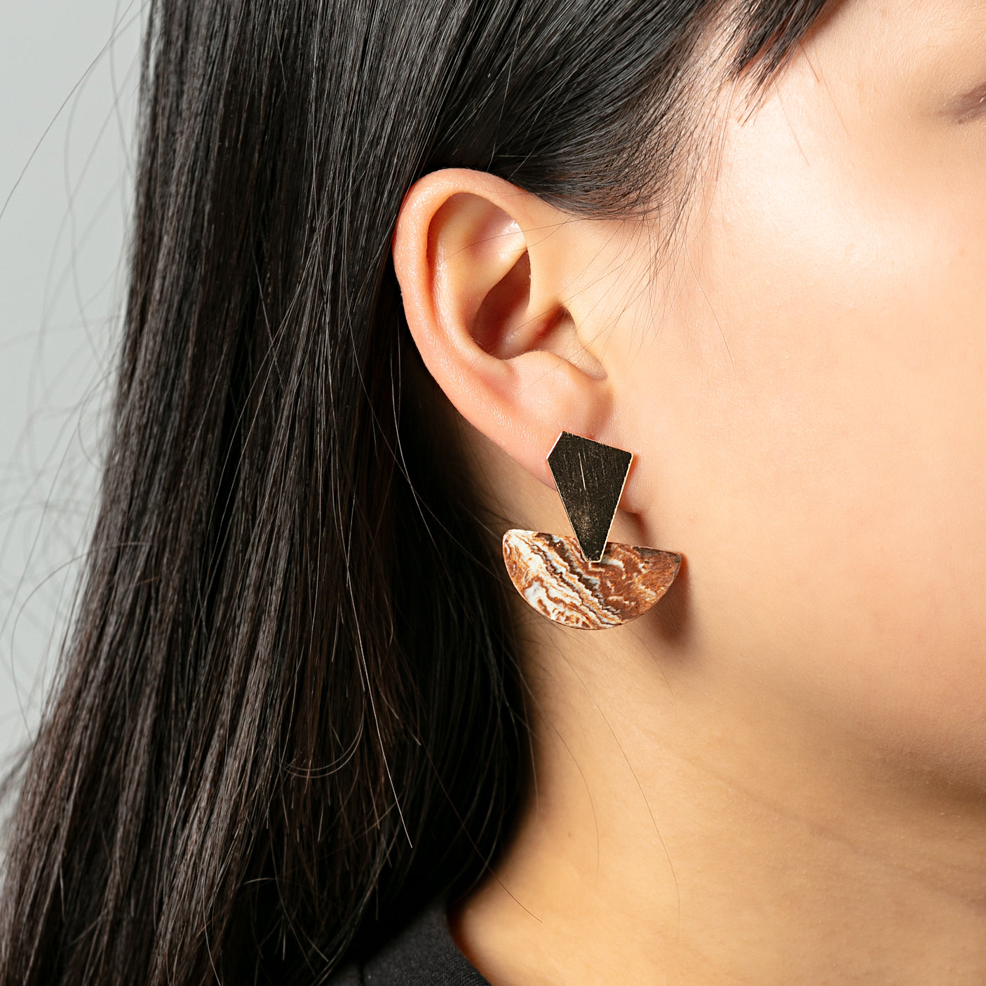 Artisan Nerikomi Ceramic Earrings – Gold Trapezoid Stud, Half-Moon Drop