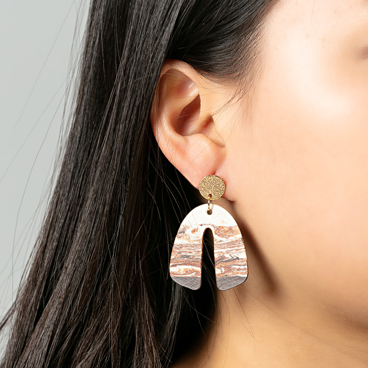 Artisan Nerikomi Ceramic Earrings – Gold Matte Circle Stud, Wide Open Arch Drop