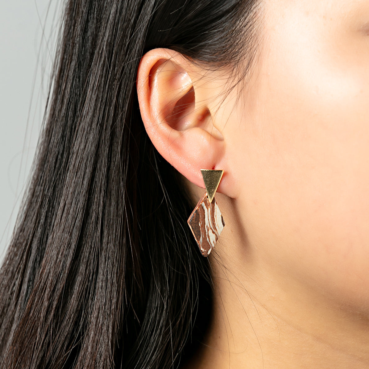 Artisan Nerikomi Ceramic Earrings – Gold Triangle Stud, Diamond Drop