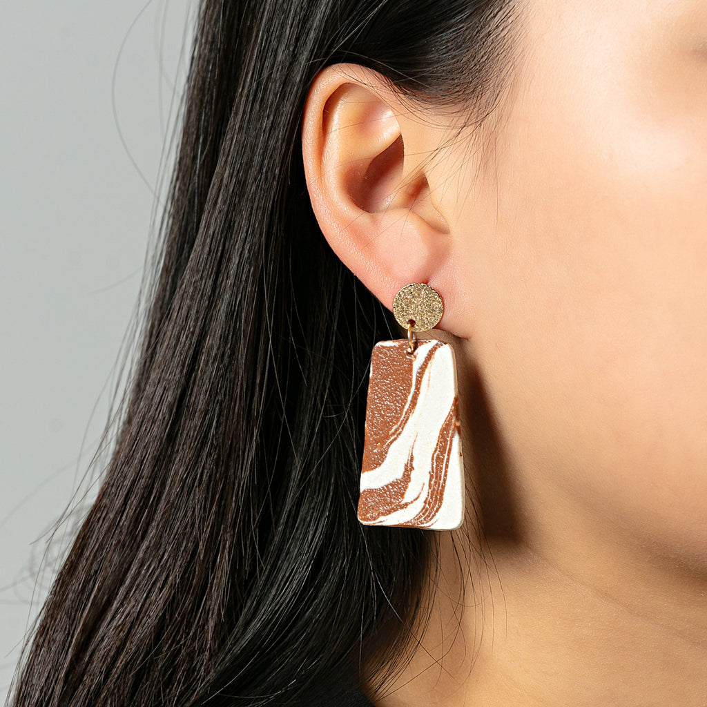 Artisan Nerikomi Ceramic Earrings – Gold Matte Circle Stud, Trapezoid Drop