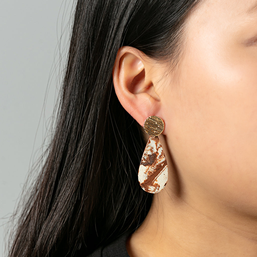 Artisan Nerikomi Ceramic Earrings – Gold Lined Circle Stud, Teardrop Drop