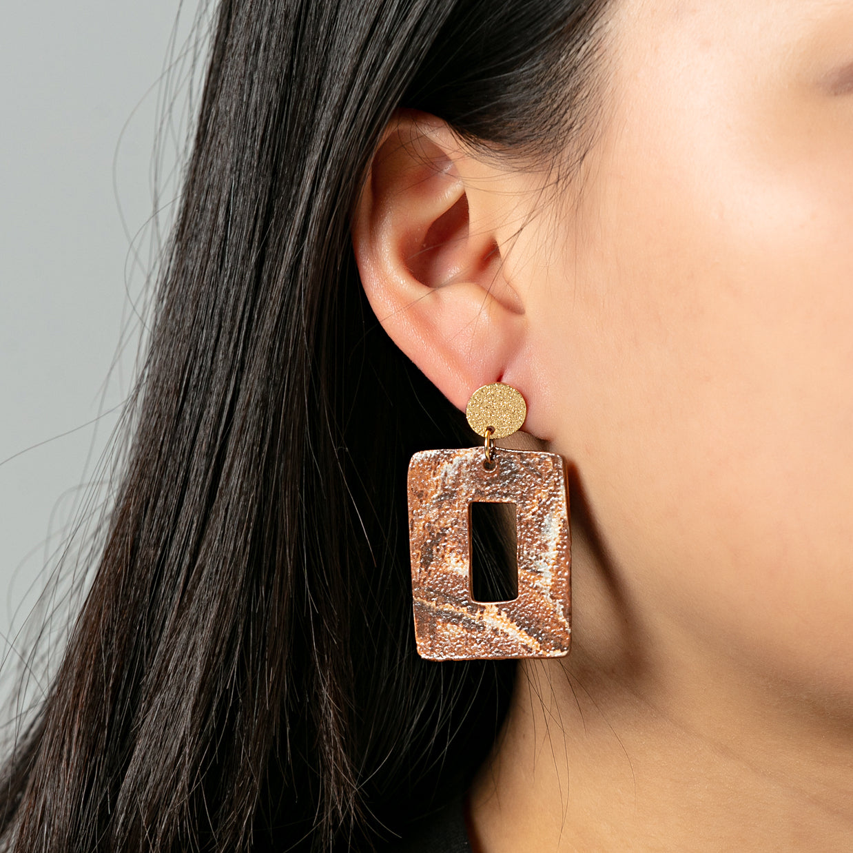 Artisan Nerikomi Ceramic Earrings – Gold Matte Circle Stud, Open Rectangle Drop