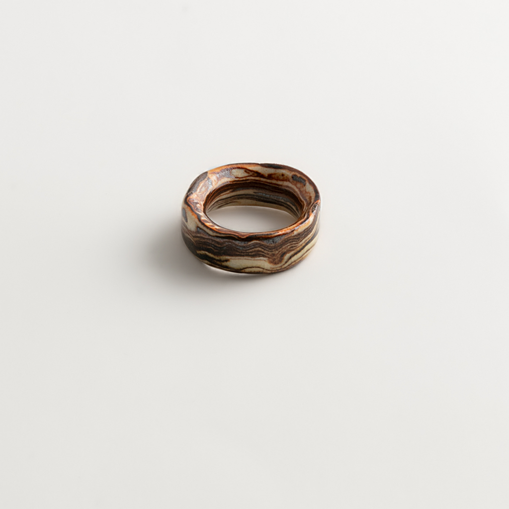 Artisan Nerikomi Ceramic Ring – Dark Earth Flow, Wide Band