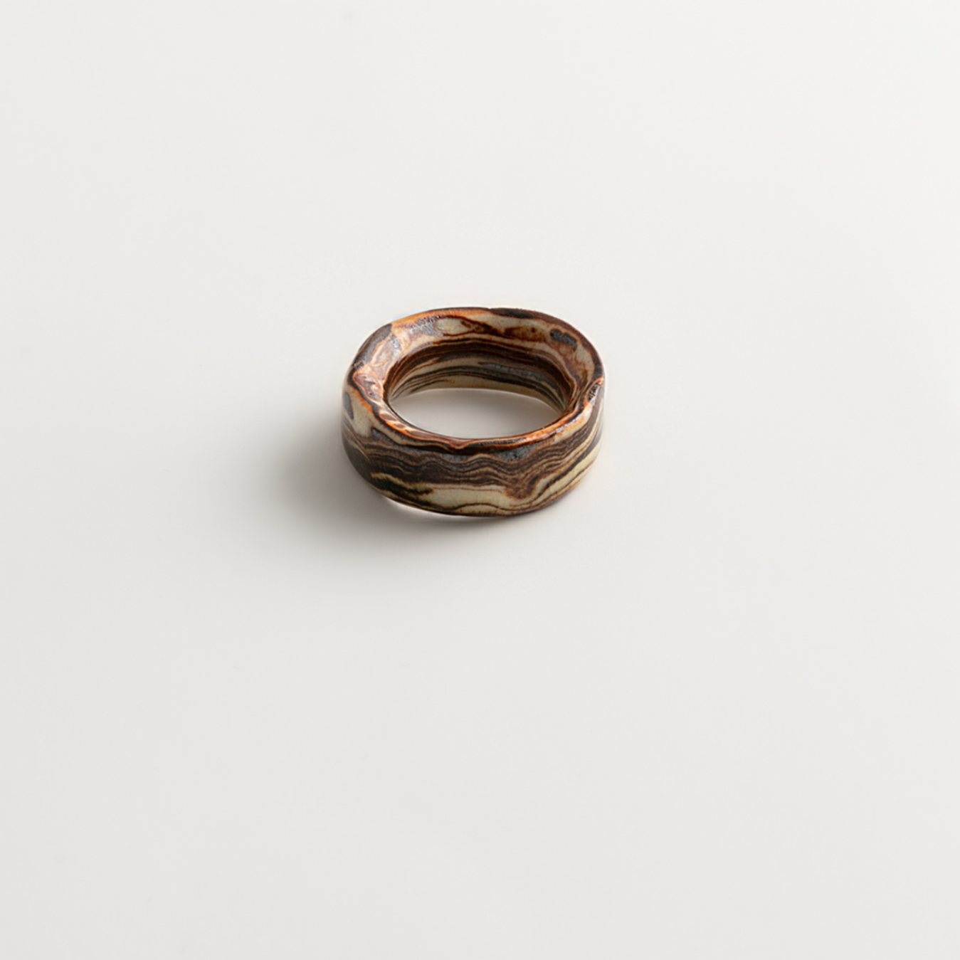 Artisan Nerikomi Ceramic Ring – Dark Earth Flow, Wide Band